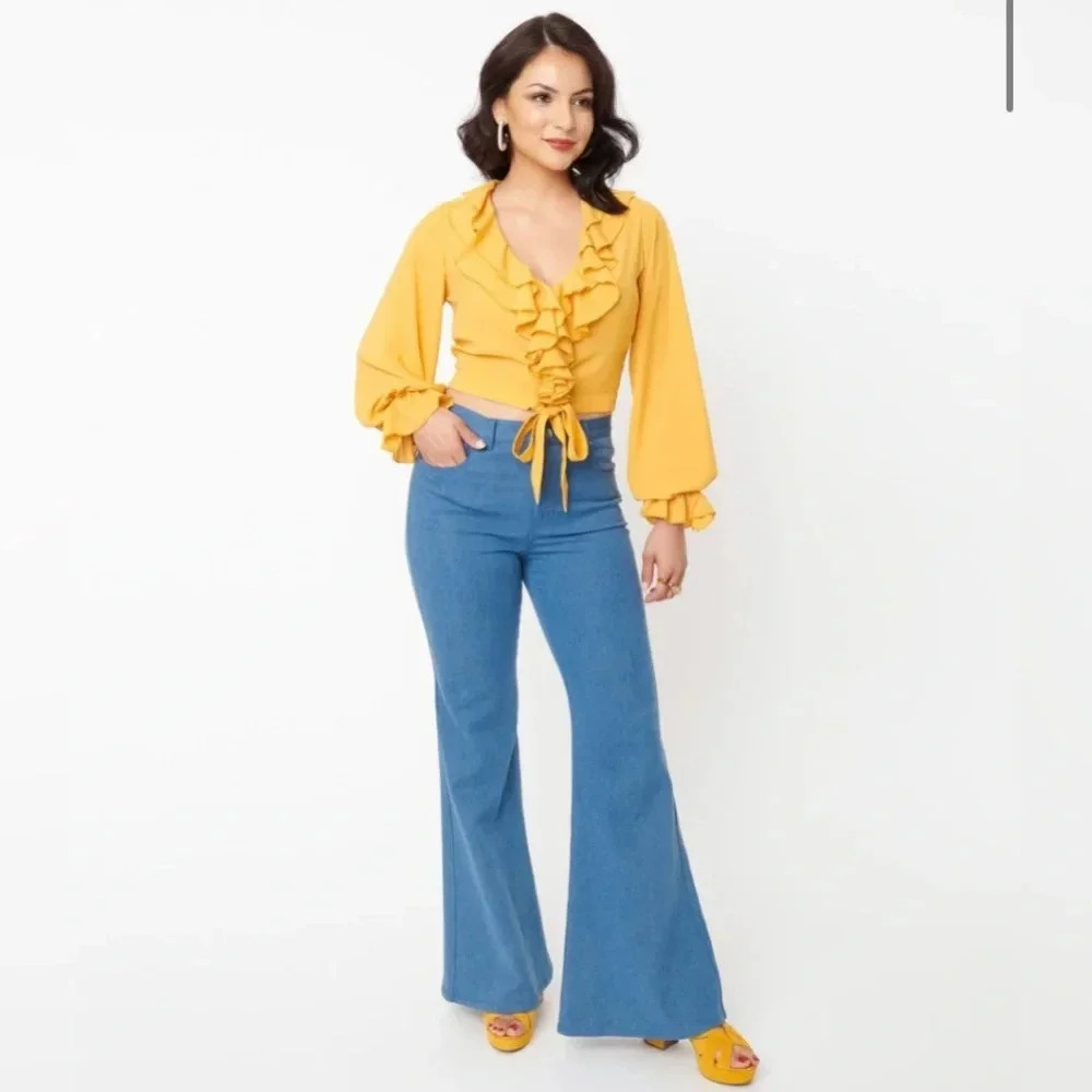 🦋B2G1🦋UNIQUE VINTAGE Light Indigo Denim Majors Flare Jeans NWT | SMALL |
